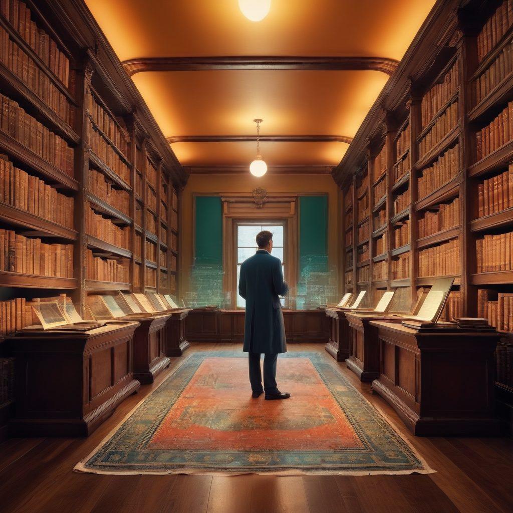 A stunning fusion of old and new, showcasing a vintage library brimming with ancient books on one side, and on the other side, futuristic holographic displays of historical records and artifacts. In the center, a historian using a tablet to access digital archives, surrounded by floating data elements illustrating timelines and maps. The contrast of warm, nostalgic colors against cool, high-tech blues enhances the imagery. super-realistic. vibrant colors. cinematic lighting.