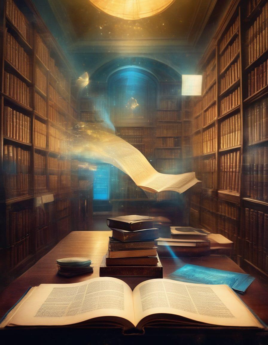 A collage of vintage photographs transforming into digital documents, symbolizing the transition from memories to manuscripts. In the background, a library filled with holographic books and glowing manuscripts represents knowledge sharing. Soft blue and gold hues create a warm and inviting atmosphere, enhanced by subtle rays of light. super-realistic. vibrant colors. soft focus.